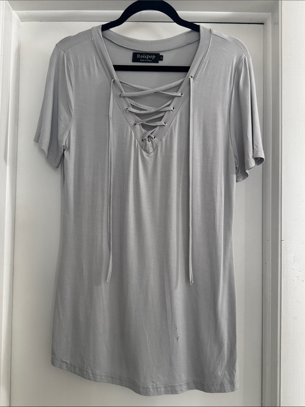 Relipop Lace-Up V-Neck Short Sleeve Tee in Light Gray